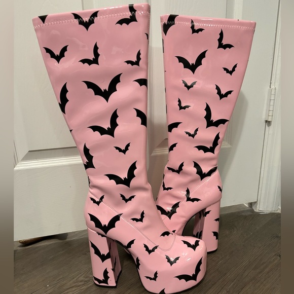 Dolls Kill Pink Bat Patterned Platform Boots - Picture 2 of 6
